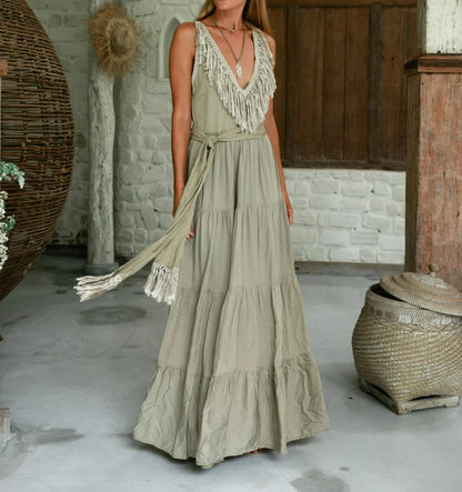 Cotton Maxi Tiered Dress with Fringes