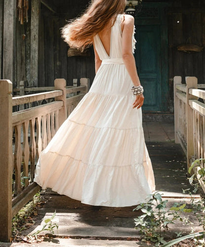 Cotton Maxi Tiered Dress with Fringes