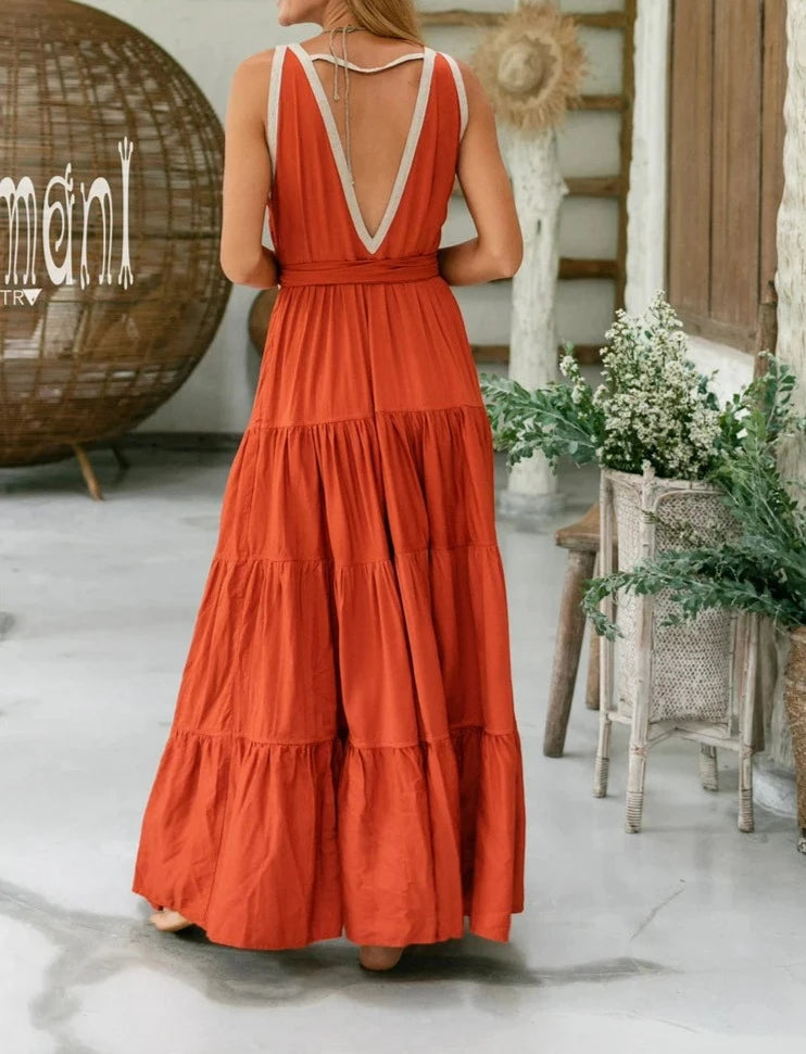 Cotton Maxi Tiered Dress with Fringes