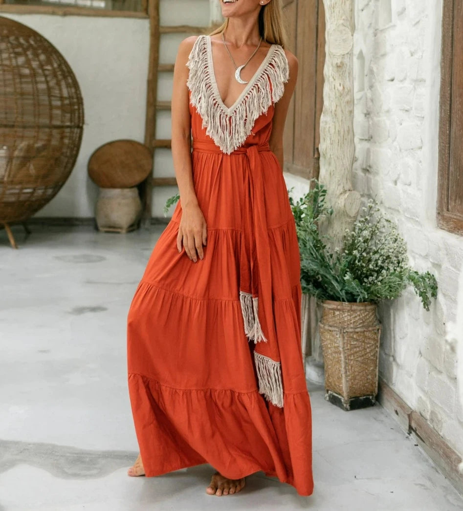 Cotton Maxi Tiered Dress with Fringes