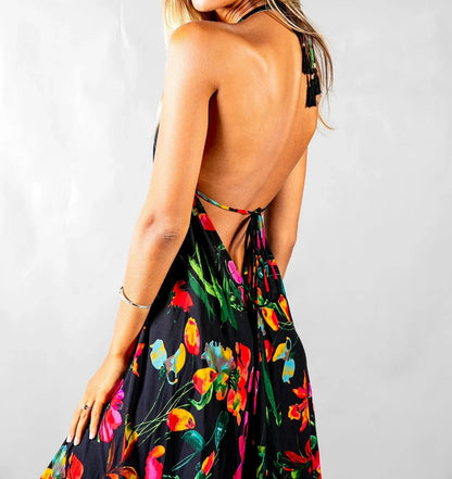 Deep Backless Women's Floral Bohemian Long Dress