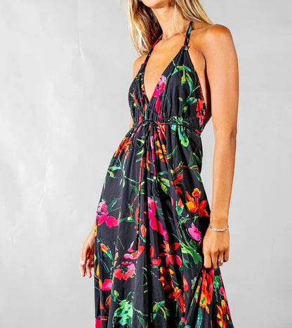 Deep Backless Women's Floral Bohemian Long Dress