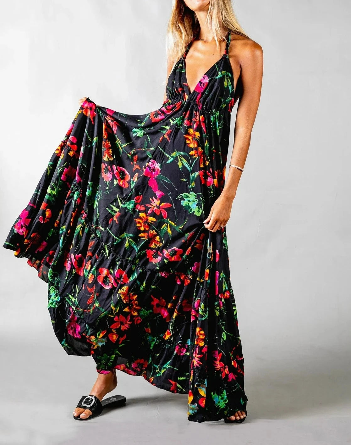 Deep Backless Women's Floral Bohemian Long Dress