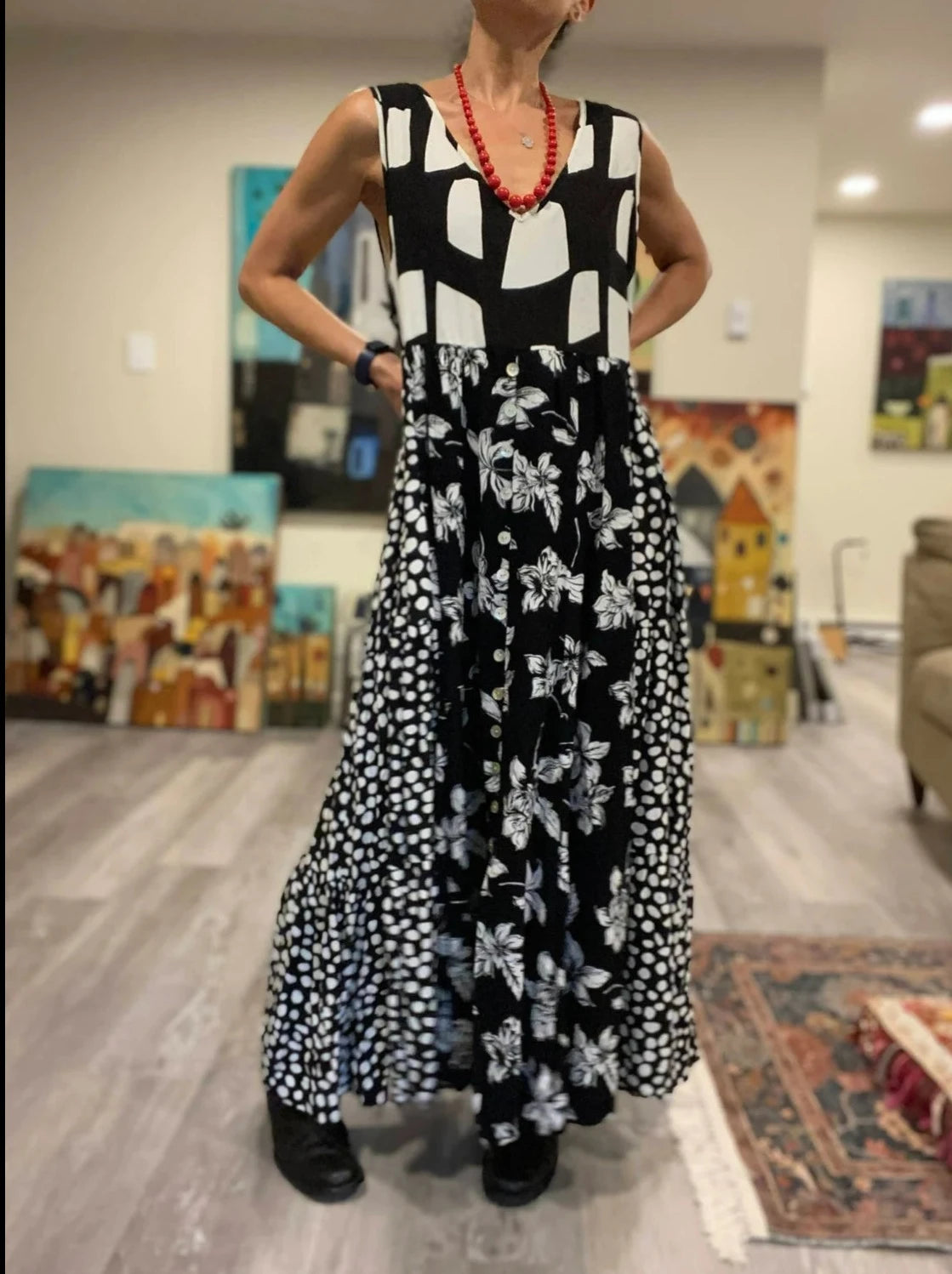 Sleeveless Loose Long Black And White Sundress