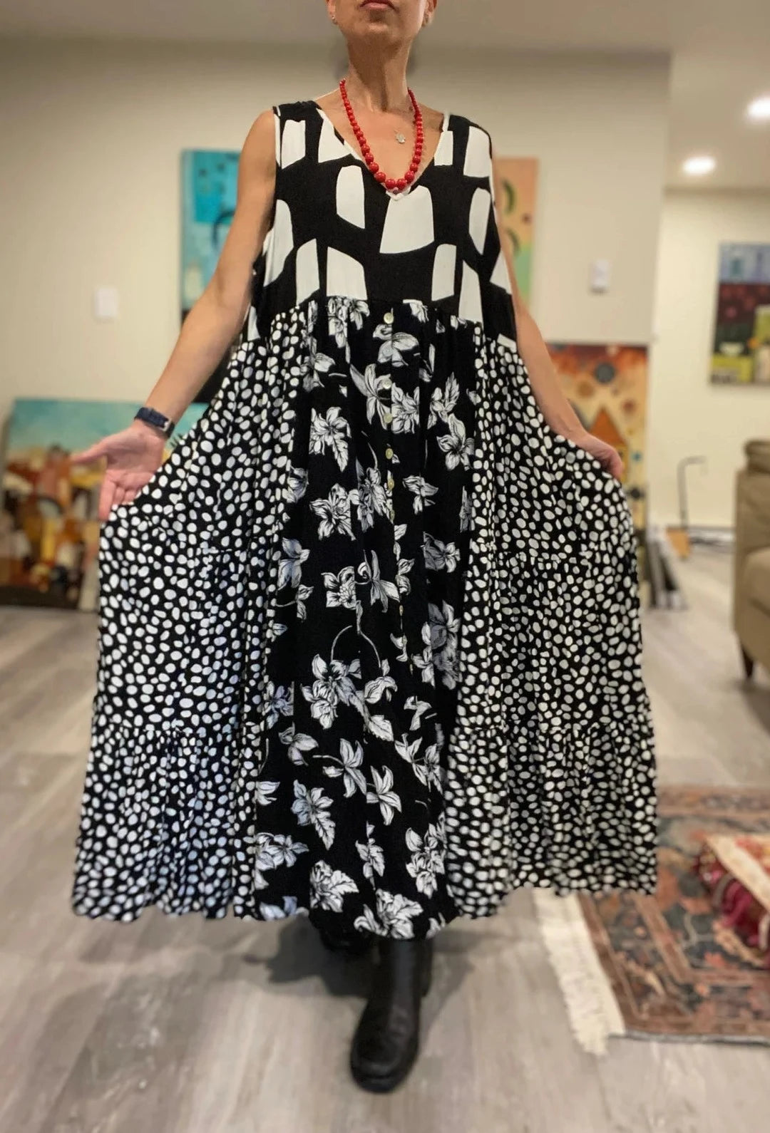 Sleeveless Loose Long Black And White Sundress