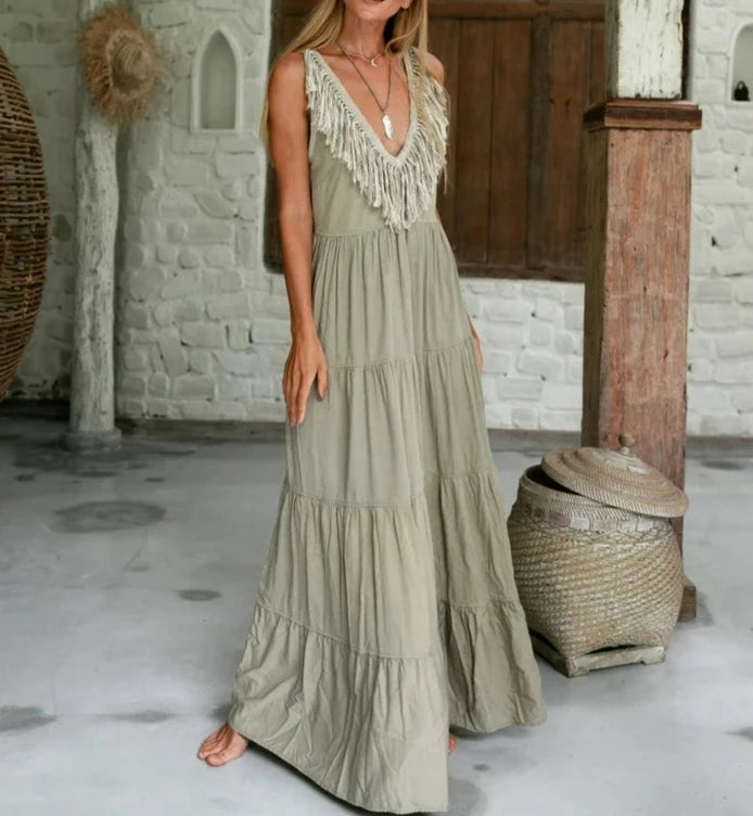 Cotton Maxi Tiered Dress with Fringes