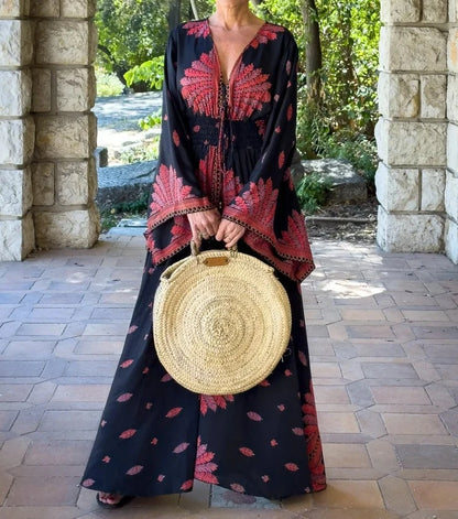 Deep V-Neck Bohemian Silk Maxi Dress