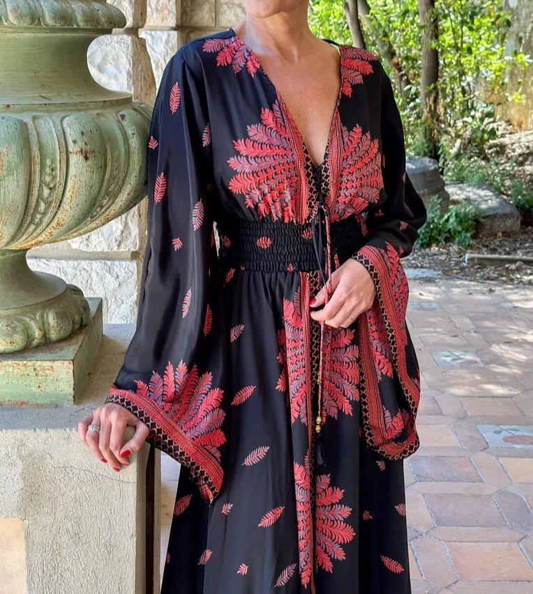 Deep V-Neck Bohemian Silk Maxi Dress