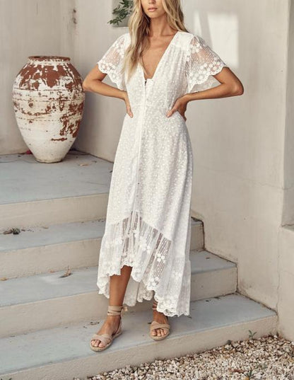 White Lace V-Neck High-Low Maxi Dress