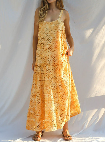 Yellow and White Eyelet Maxi Dress