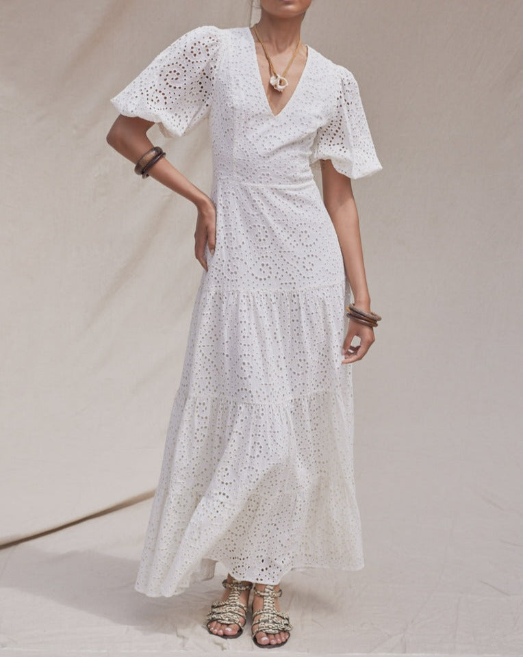 White Cotton Eyelet Puff Sleeve Midi Dress