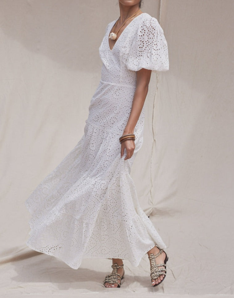 White Cotton Eyelet Puff Sleeve Midi Dress