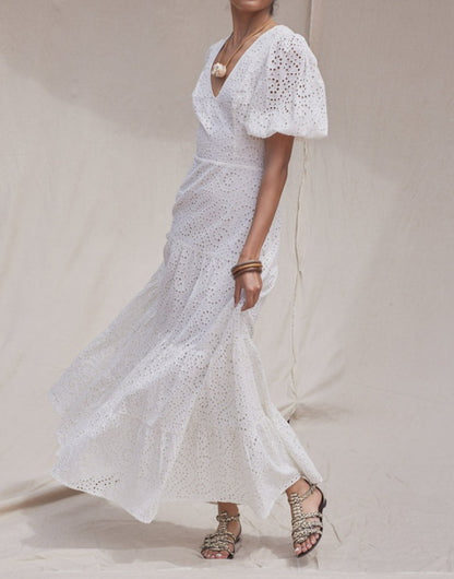 White Cotton Eyelet Puff Sleeve Midi Dress