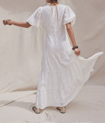 White Cotton Eyelet Puff Sleeve Midi Dress