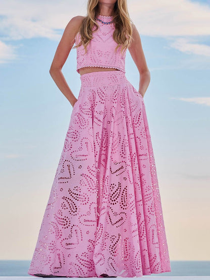 Lace Hollow Vest High Waist Maxi Skirt Suit