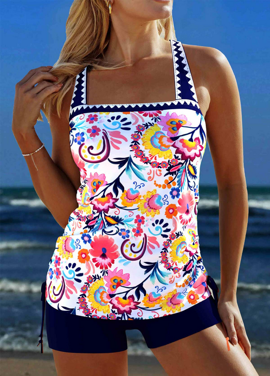 Patchwork White Random Floral Print Tankini Set