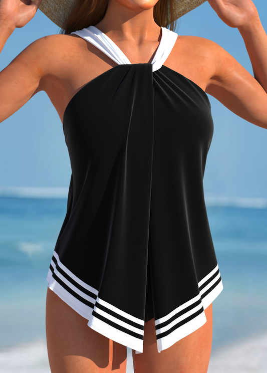 Split Twisted Black Striped Tankini Set