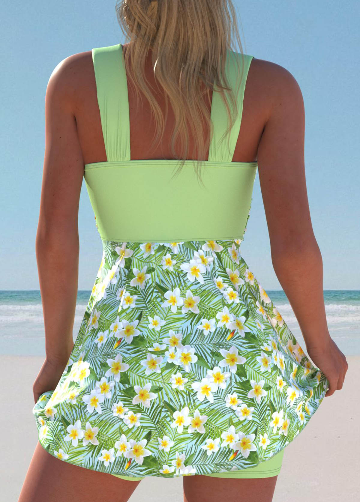 Surplice Floral Print Light Green Swimdress Set