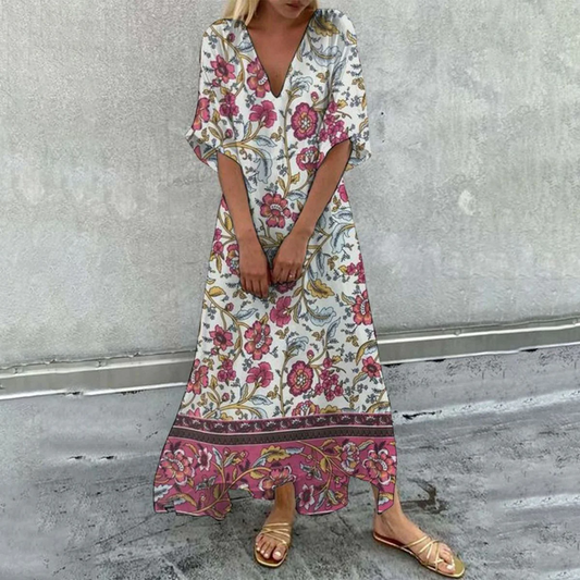 Elegant Floral Print Short Sleeve Maxi Dress