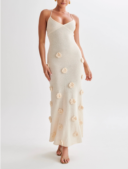 Suki Knit Maxi Dress With Flowers - Nude