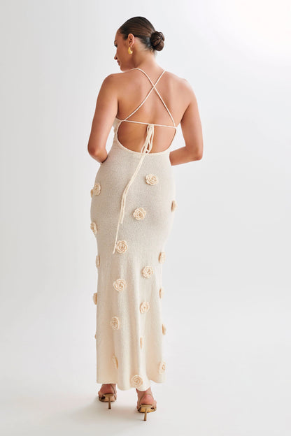 Suki Knit Maxi Dress With Flowers - Nude