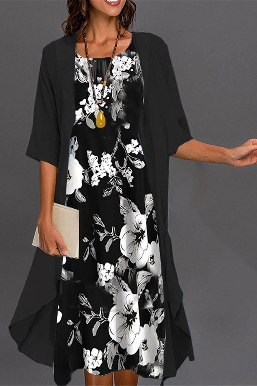 🌸Up to 50% off🔥 Crew Neck Half Sleeve Floral Two Piece Jacket Midi Dress