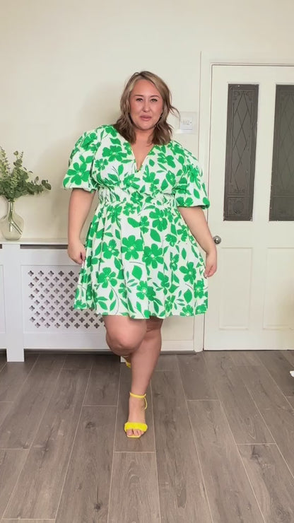 CurveWow Puff Sleeve V Neck Dress Green Floral