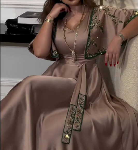 Diamond Shawl Sleeves Jalabiya Dress with Belt