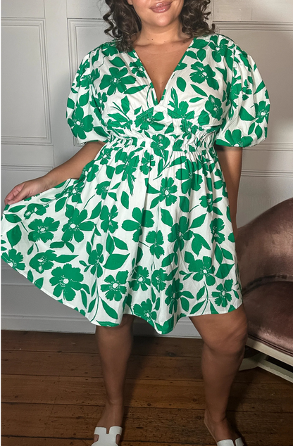 CurveWow Puff Sleeve V Neck Dress Green Floral