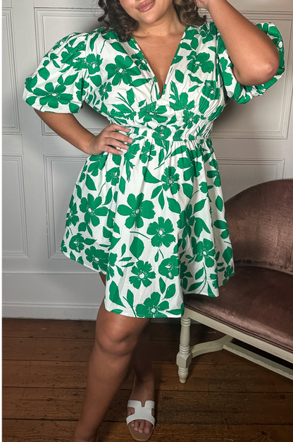 CurveWow Puff Sleeve V Neck Dress Green Floral