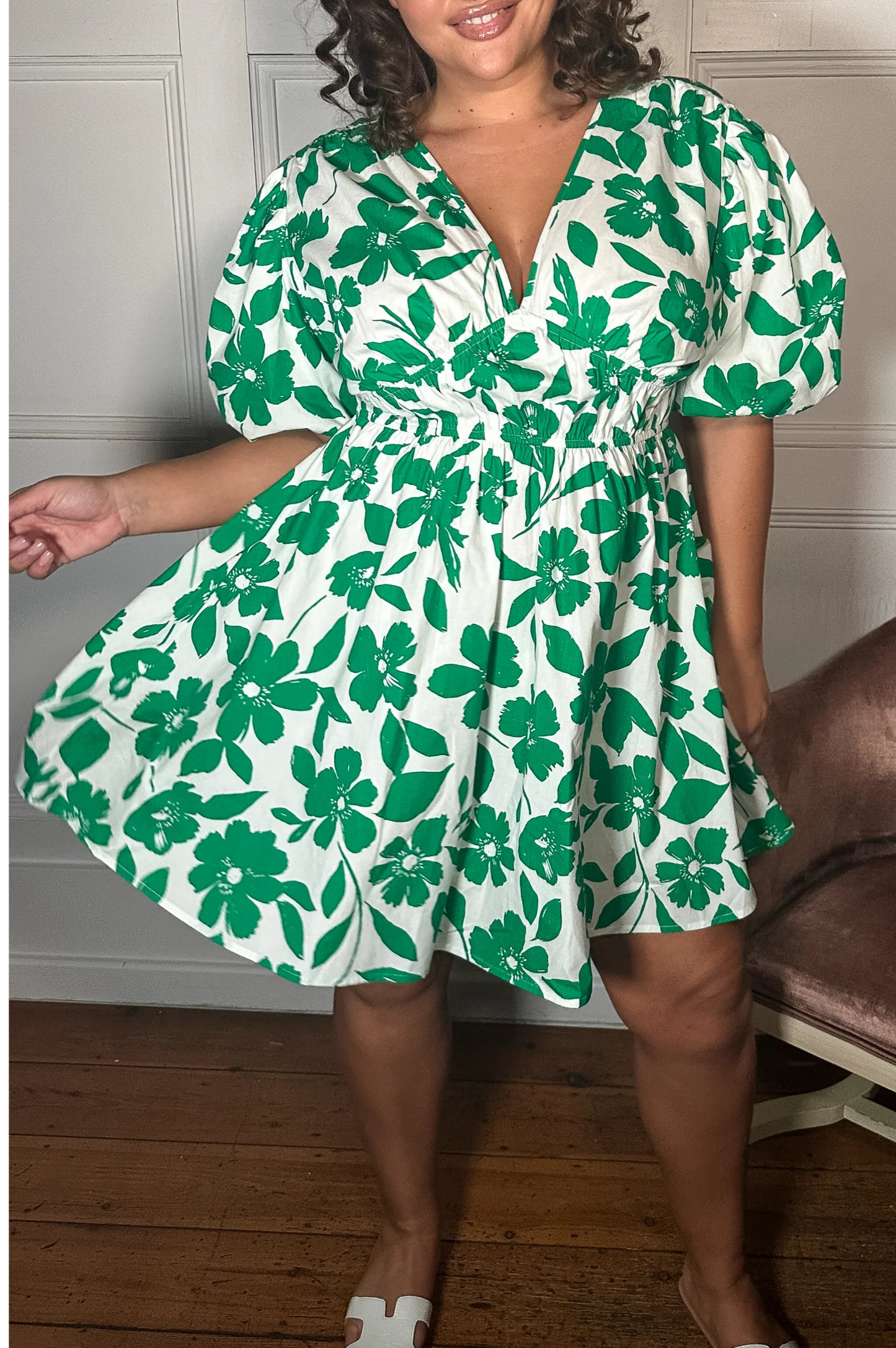 CurveWow Puff Sleeve V Neck Dress Green Floral