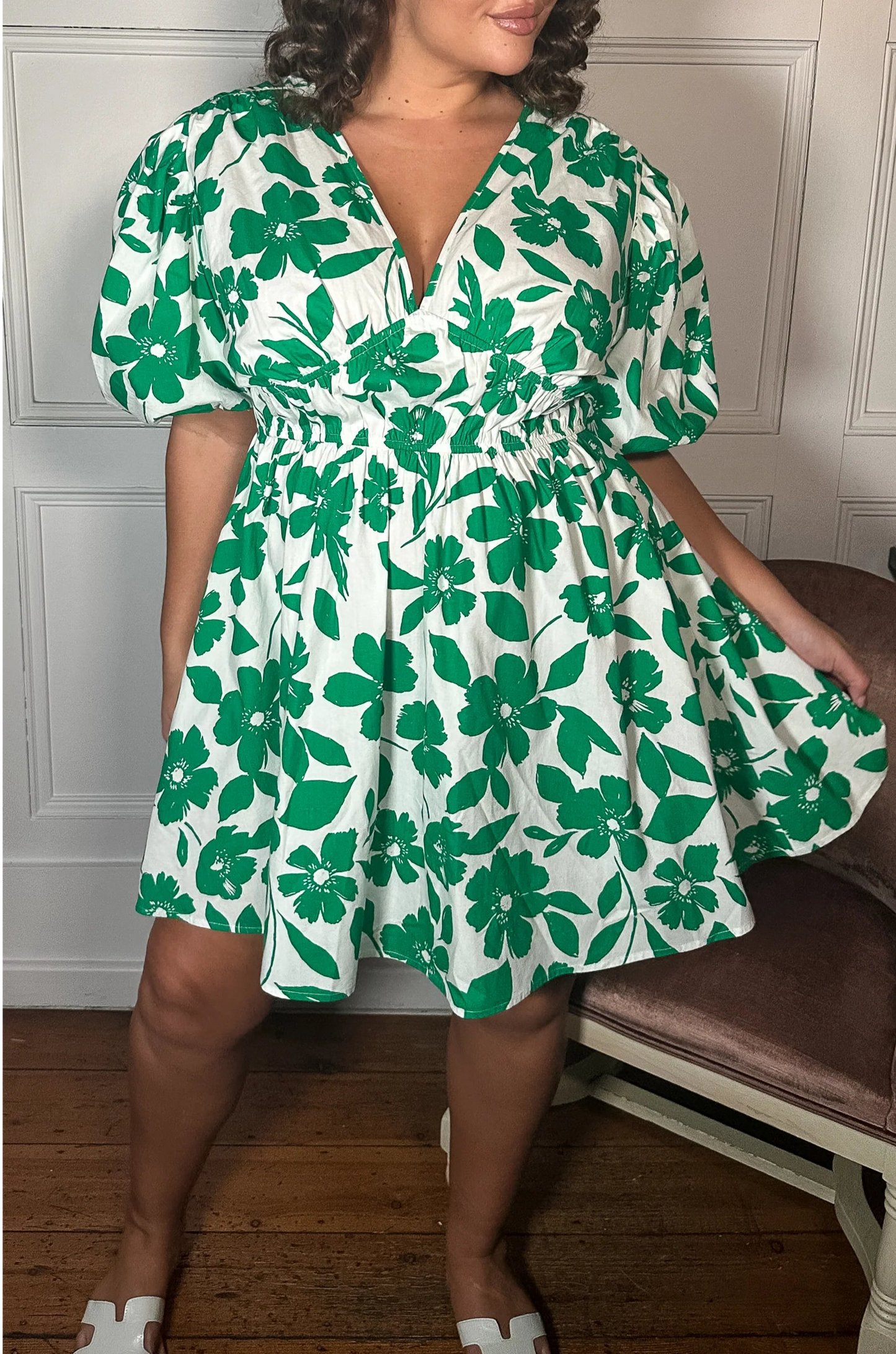 CurveWow Puff Sleeve V Neck Dress Green Floral