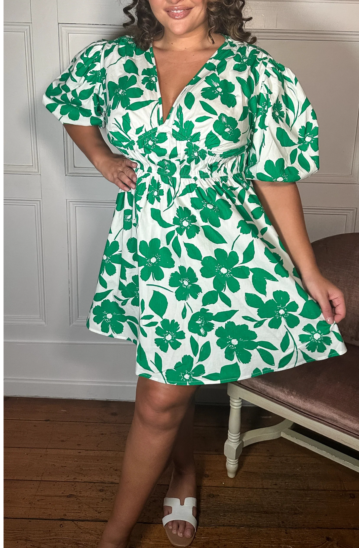 CurveWow Puff Sleeve V Neck Dress Green Floral