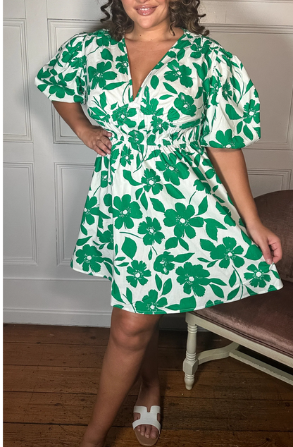 CurveWow Puff Sleeve V Neck Dress Green Floral