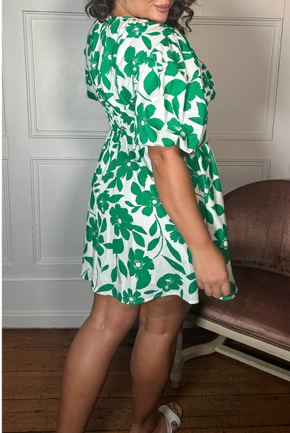 CurveWow Puff Sleeve V Neck Dress Green Floral