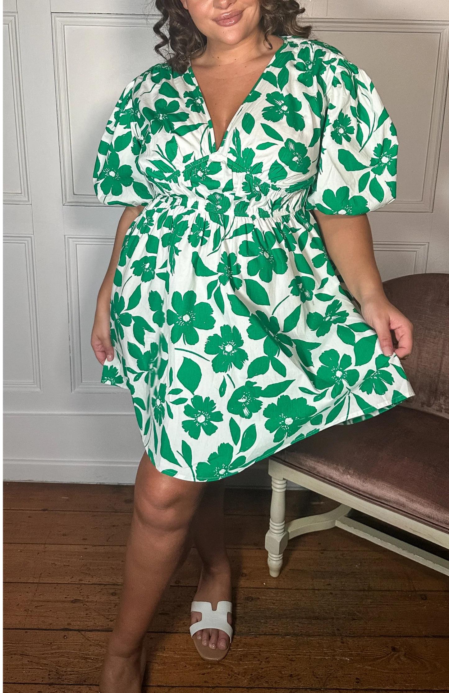 CurveWow Puff Sleeve V Neck Dress Green Floral