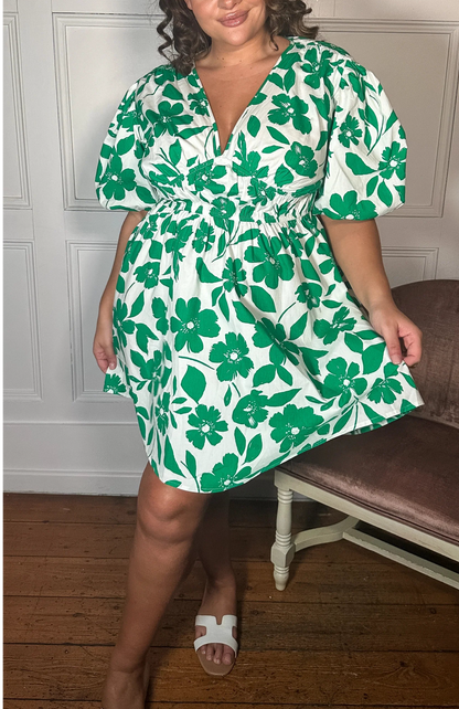 CurveWow Puff Sleeve V Neck Dress Green Floral