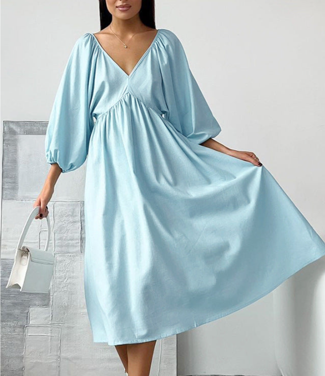 🌸Up to 50% off🔥Sky blue cotton and linen V-neck openwork lace-up pullover dress 2024 European and American spring fashion new cross-border women's dress