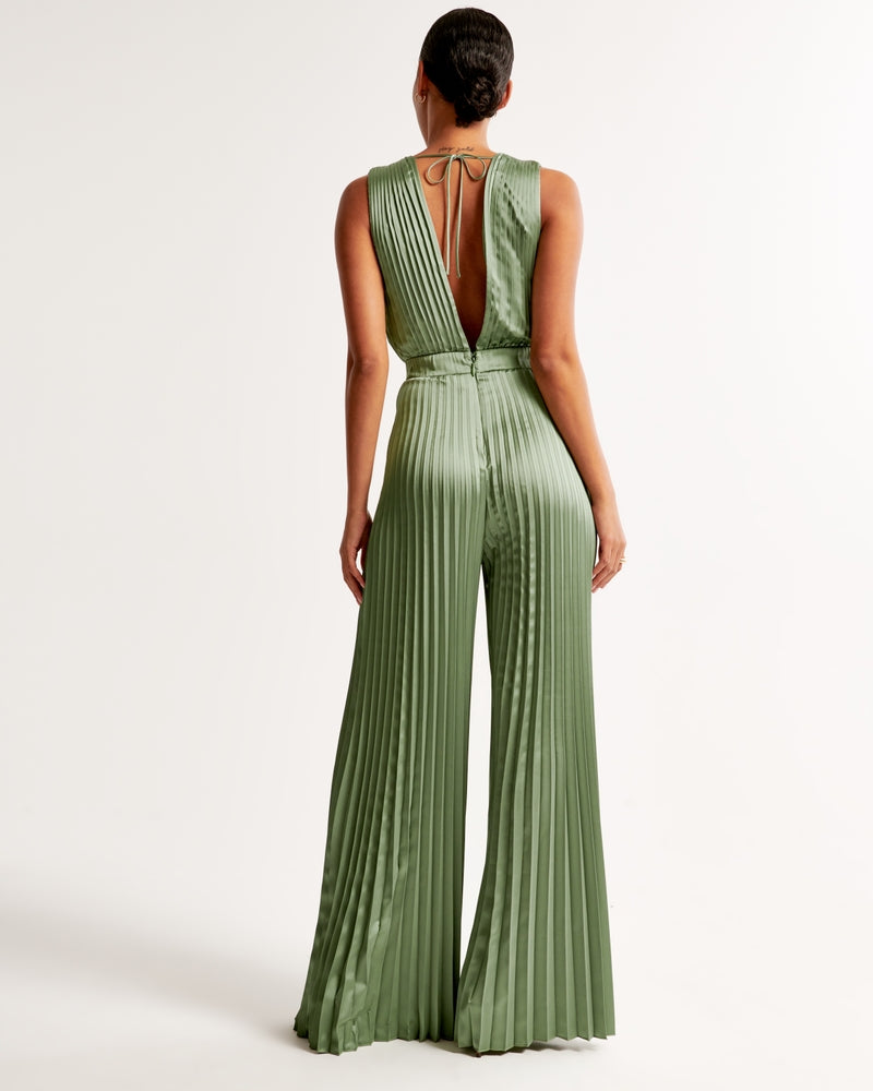 V-neck Tie Backless Pleated Jumpsuit